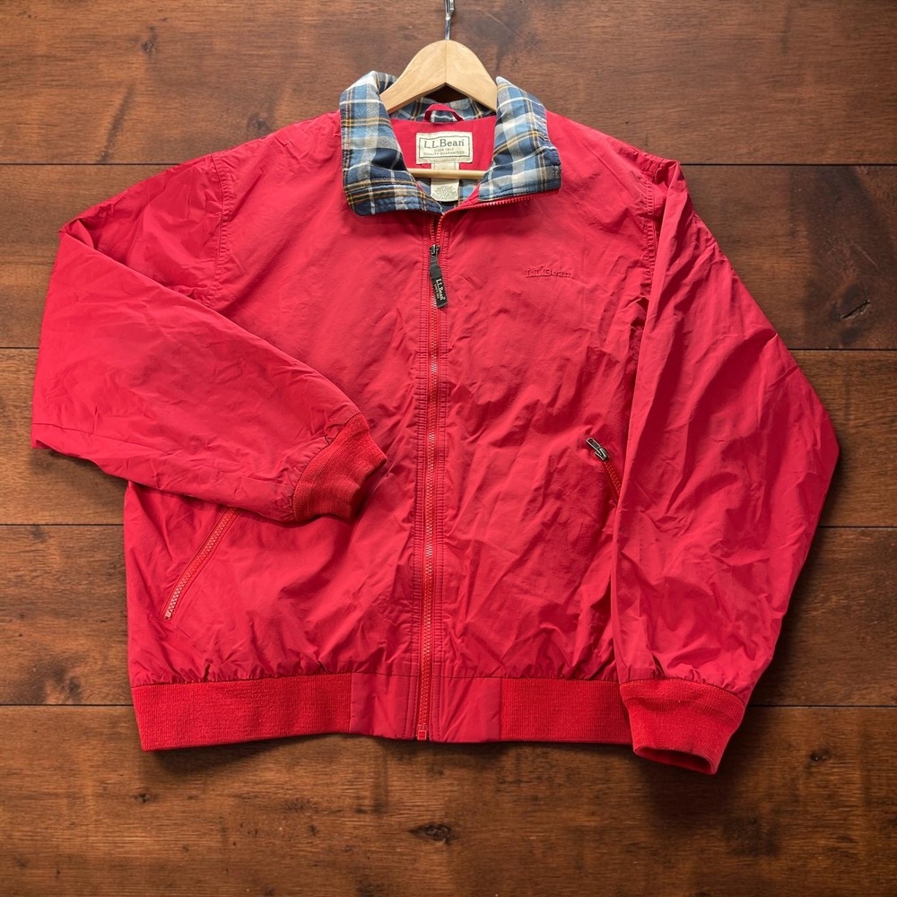 LL Bean Warm-Up Jacket Mens XL Reg Red Flannel Lined Plaid Collar Full Zip